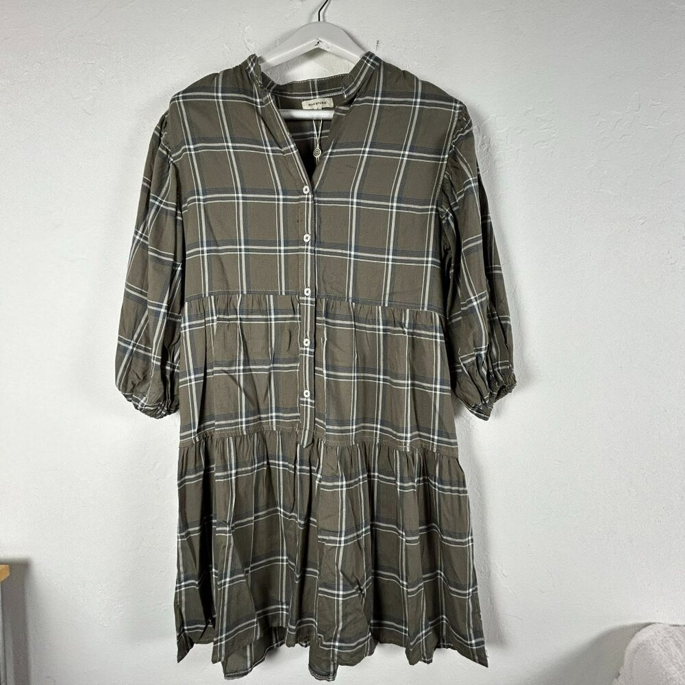 Maxstudio Women's Plaid 3/4 Sleeve V-Neck Casual Mini Dress Brown Small NWT
